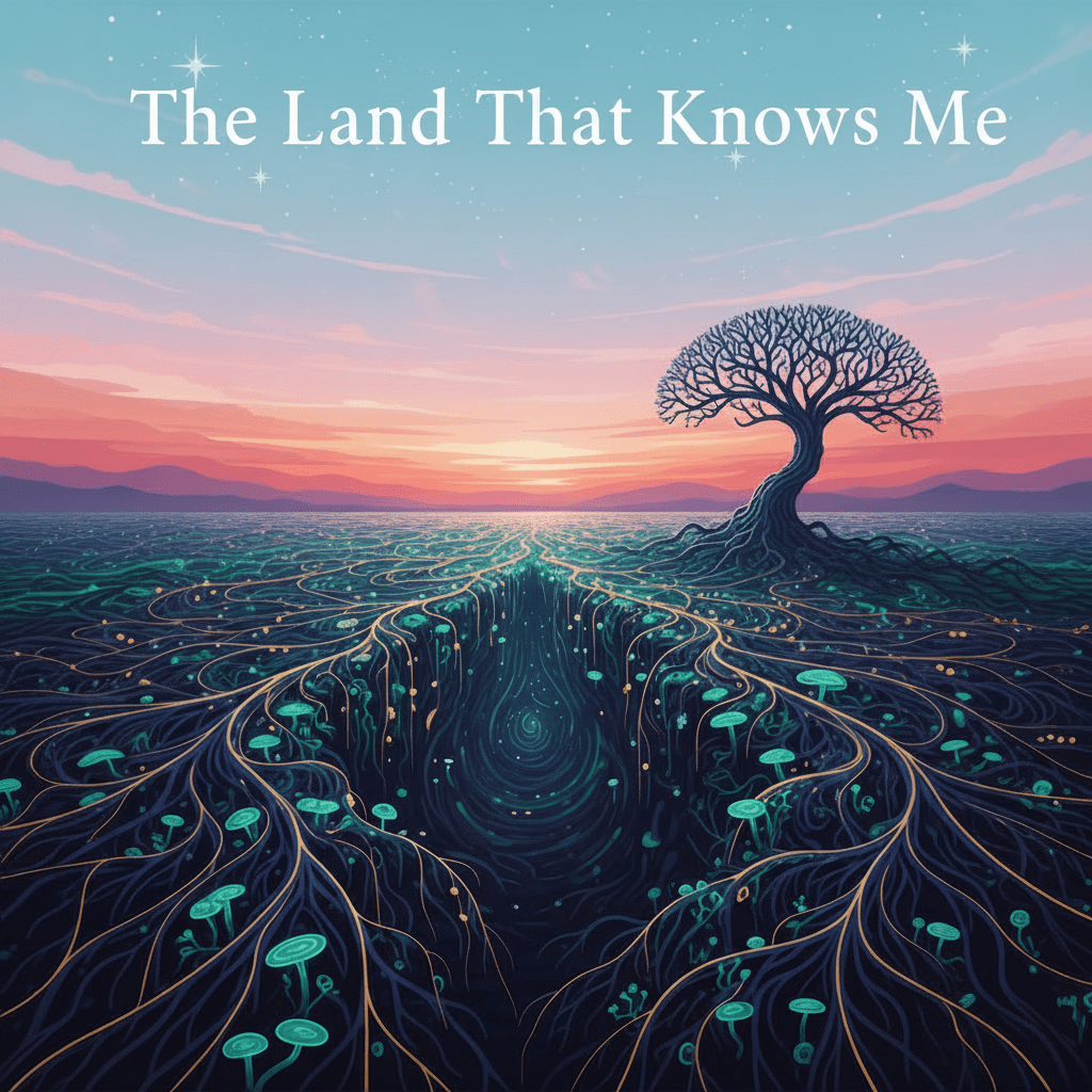 A solitary tree with glowing roots spreading across a surreal landscape under a ringed planet.