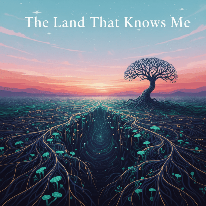 A solitary tree with glowing roots spreading across a surreal landscape under a ringed planet.