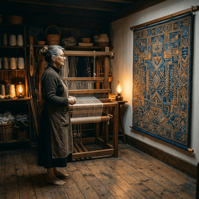 Elderly woman standing barefoot near a wooden loom, viewing a blue and gold patterned rug hanging on the wall in a dimly lit workshop