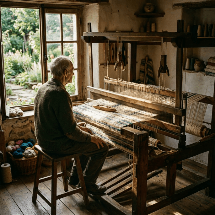 Wooden weaving loom with textile on it near window with yarn basket