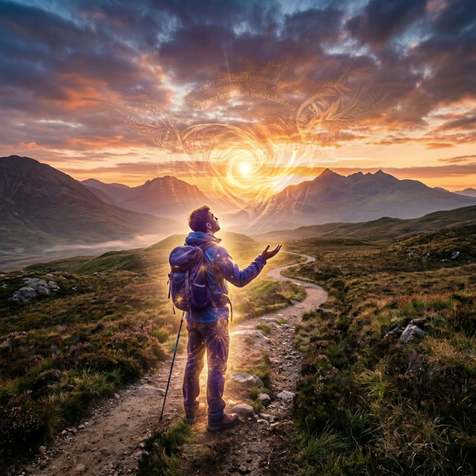 Hiker standing on a mountain path at sunset with glowing swirling light above
