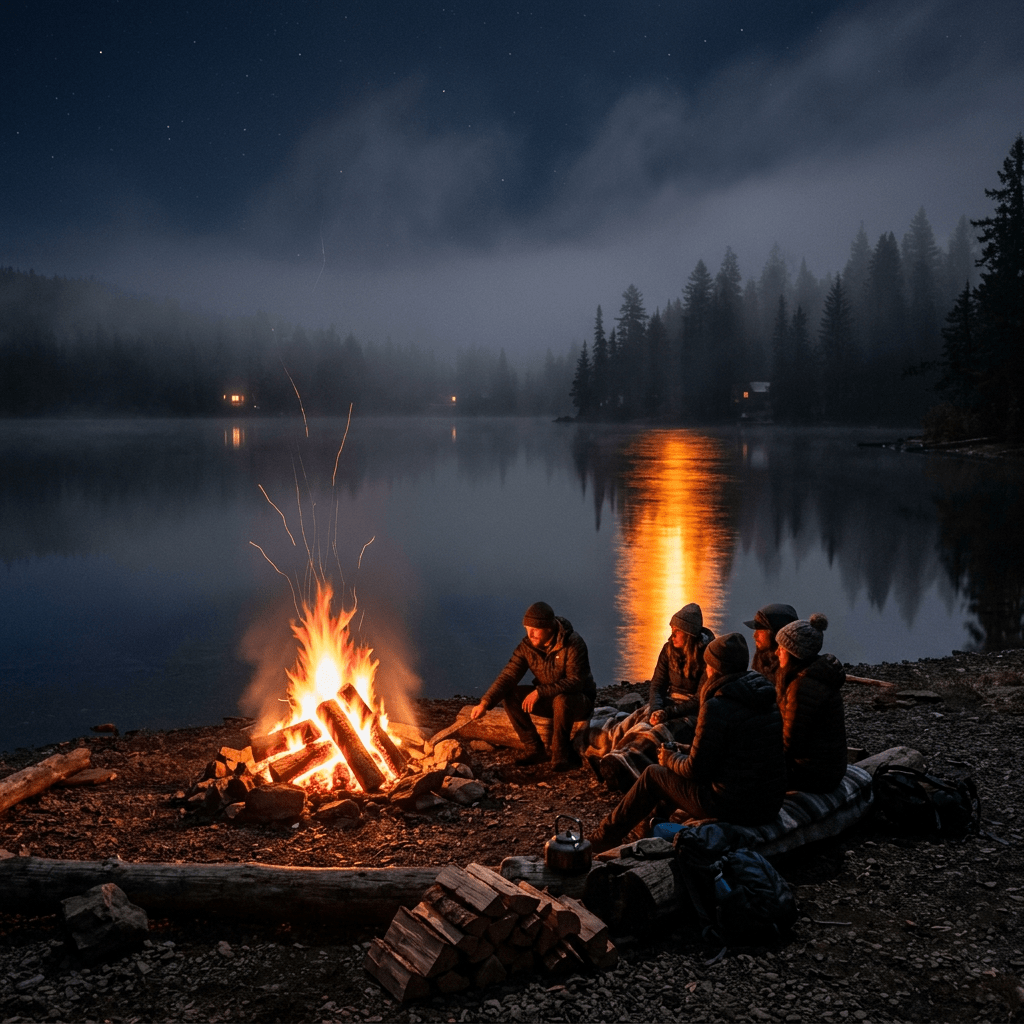 Group of people sitting around a campfire by a calm lake at night .