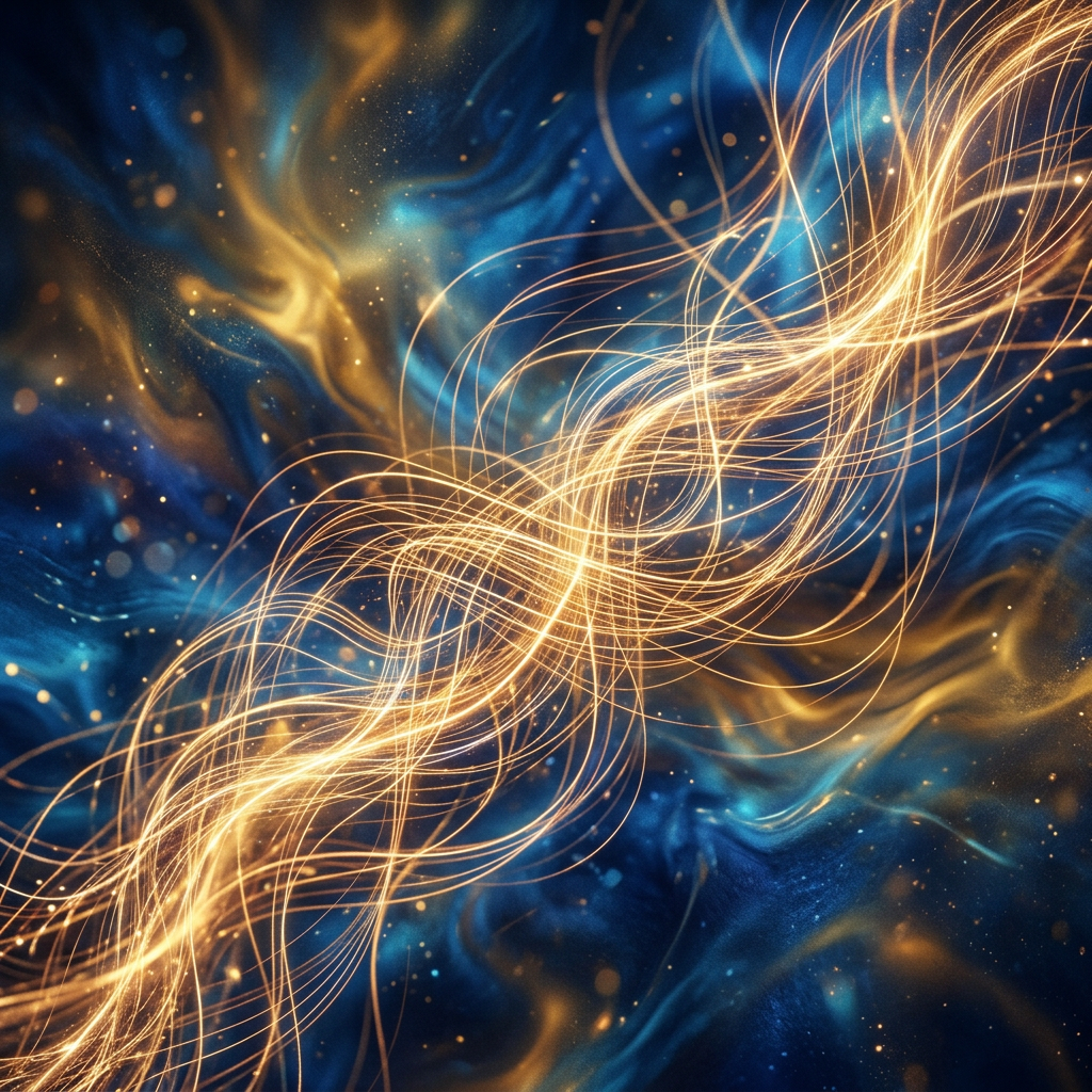 Intricate golden strands of light weaving over a swirling blue and gold background.