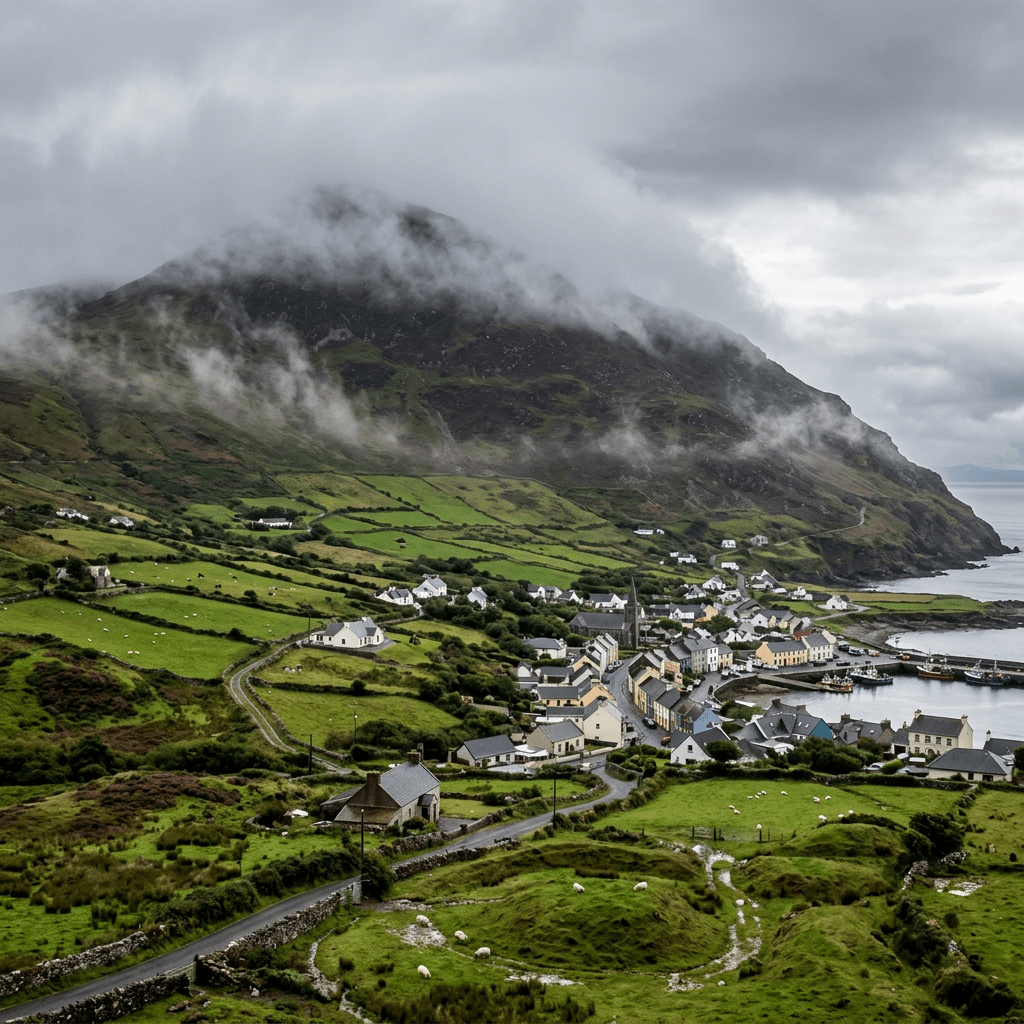 Coastal village with green fields, houses, harbor, and low-hanging mist over mountain