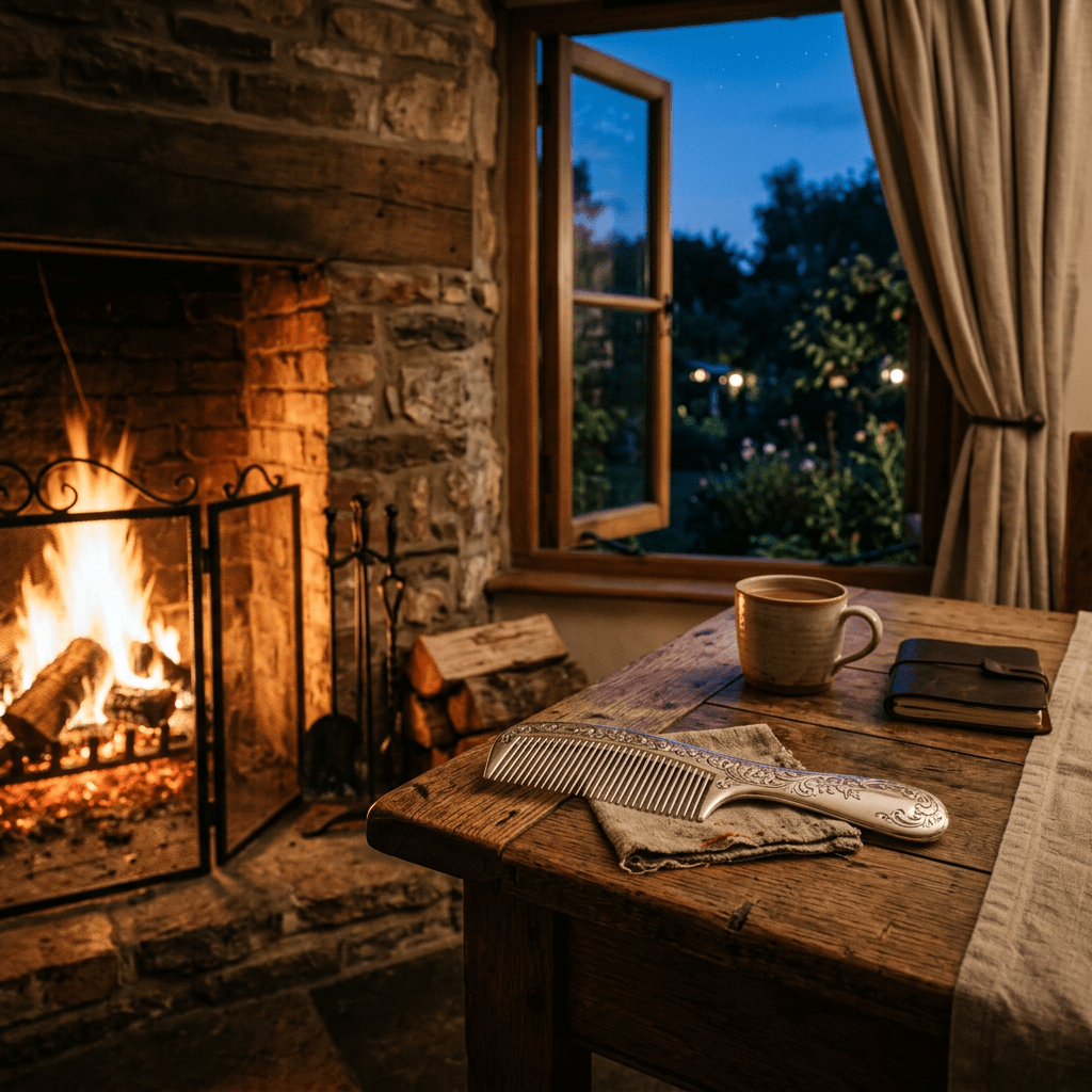 Lit fireplace next to wooden table with comb, cup, and journal by open window at dusk