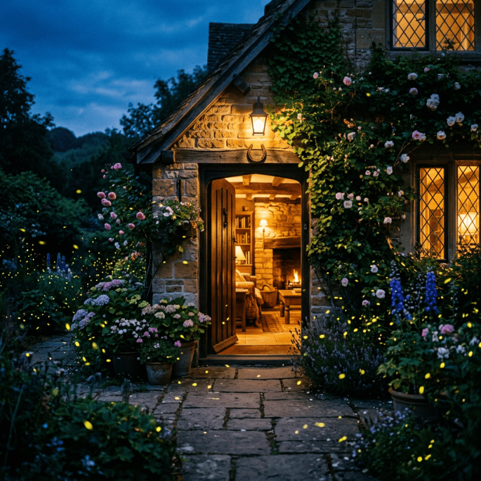 Open door of a stone cottage at dusk with warm interior lights and flowers outside