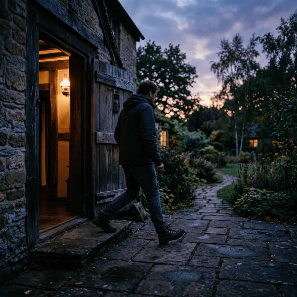 Man leaving rustic stone cottage onto garden pathway during twilight