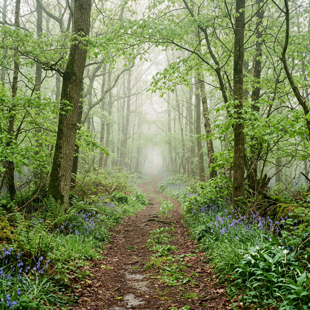 Forest trail surrounded by green trees and blooming bluebell flowers in misty conditions