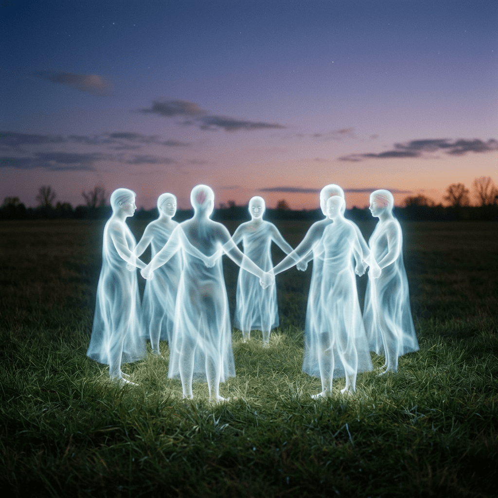 Seven glowing transparent figures holding hands in a circle on a grassy field at dusk.