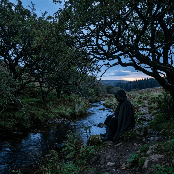 Person wearing a hooded cloak sitting by a small stream surrounded by trees at dusk