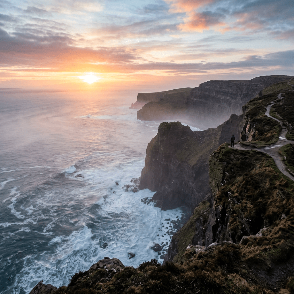 Coastal cliffs with waves crashing and a person standing near the edge at sunset
