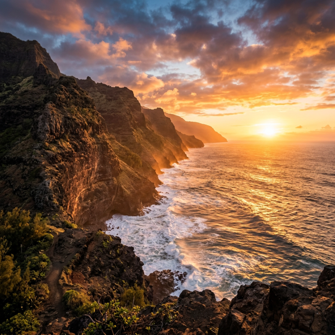Sunset illuminating rocky cliffs and ocean waves crashing below