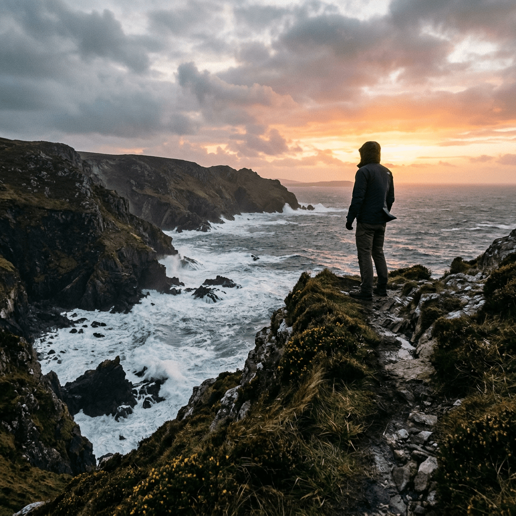 Person standing on rocky coastal cliff overlooking turbulent ocean at sunset