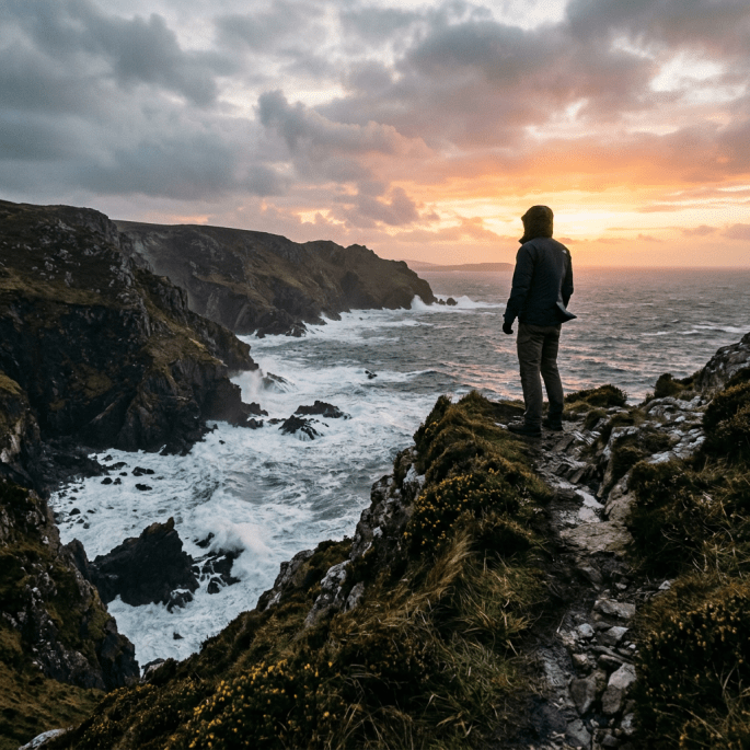 Person standing on rocky coastal cliff overlooking turbulent ocean at sunset