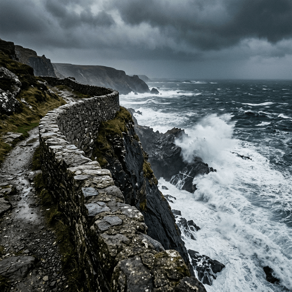 Winding stone pathway along rugged cliffside with large ocean waves crashing below