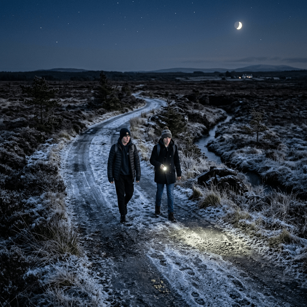 Two people walking on a snowy path at night with one holding a flashlight