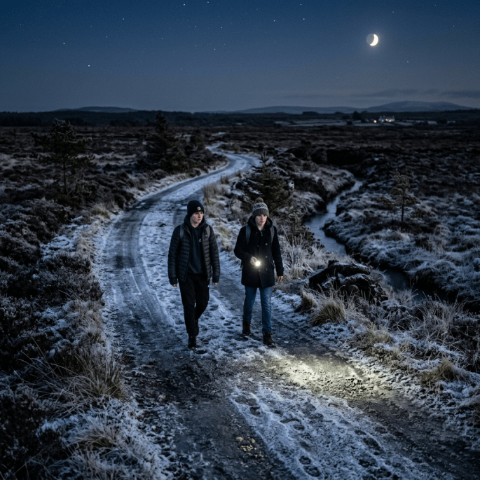 Two people walking on a snowy path at night with one holding a flashlight