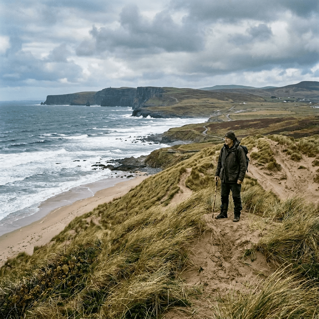 Man standing on grassy coastal cliffs with walking stick and cloudy sky