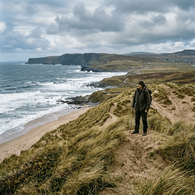 Man standing on grassy coastal cliffs with walking stick and cloudy sky