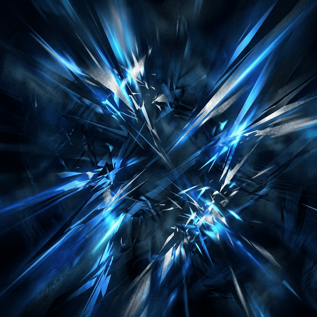 Abstract blue and silver light shards radiating outward in a dynamic pattern