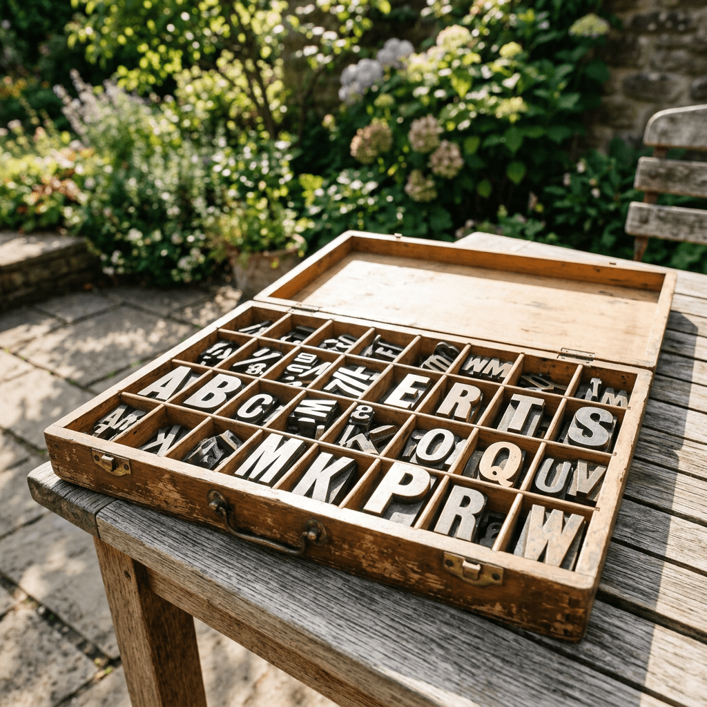 Open wooden type case with wooden letterpress letters organized in compartments on a wooden table outdoors