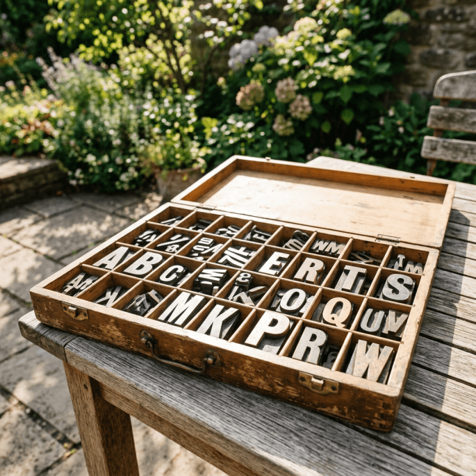 Open wooden type case with wooden letterpress letters organized in compartments on a wooden table outdoors