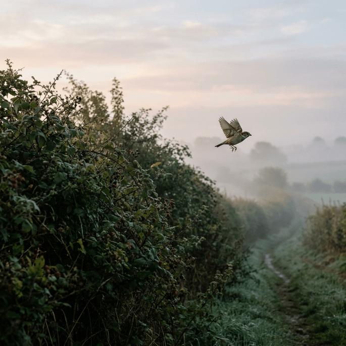 Small bird flying over green bushes along a foggy dirt path