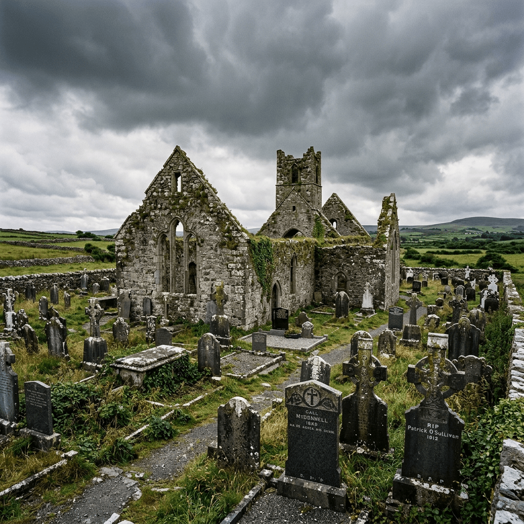 Ruins of an old stone Celtic church surrounded by multiple gravestones under a dark cloudy sky