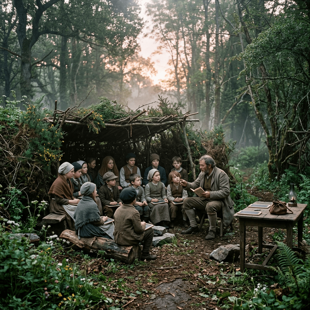 Children sitting on logs and benches while an elderly man reads to them outdoors in a forest clearing