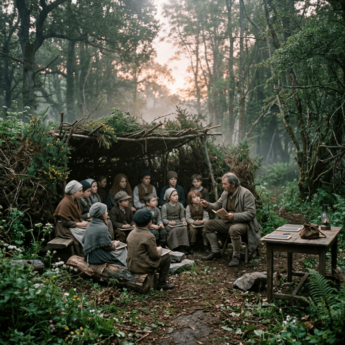 Children sitting on logs and benches while an elderly man reads to them outdoors in a forest clearing