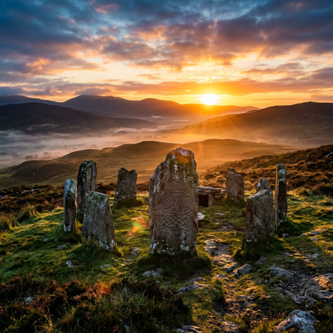 Ancient stone circle with carved stones on grassy hill at sunrise