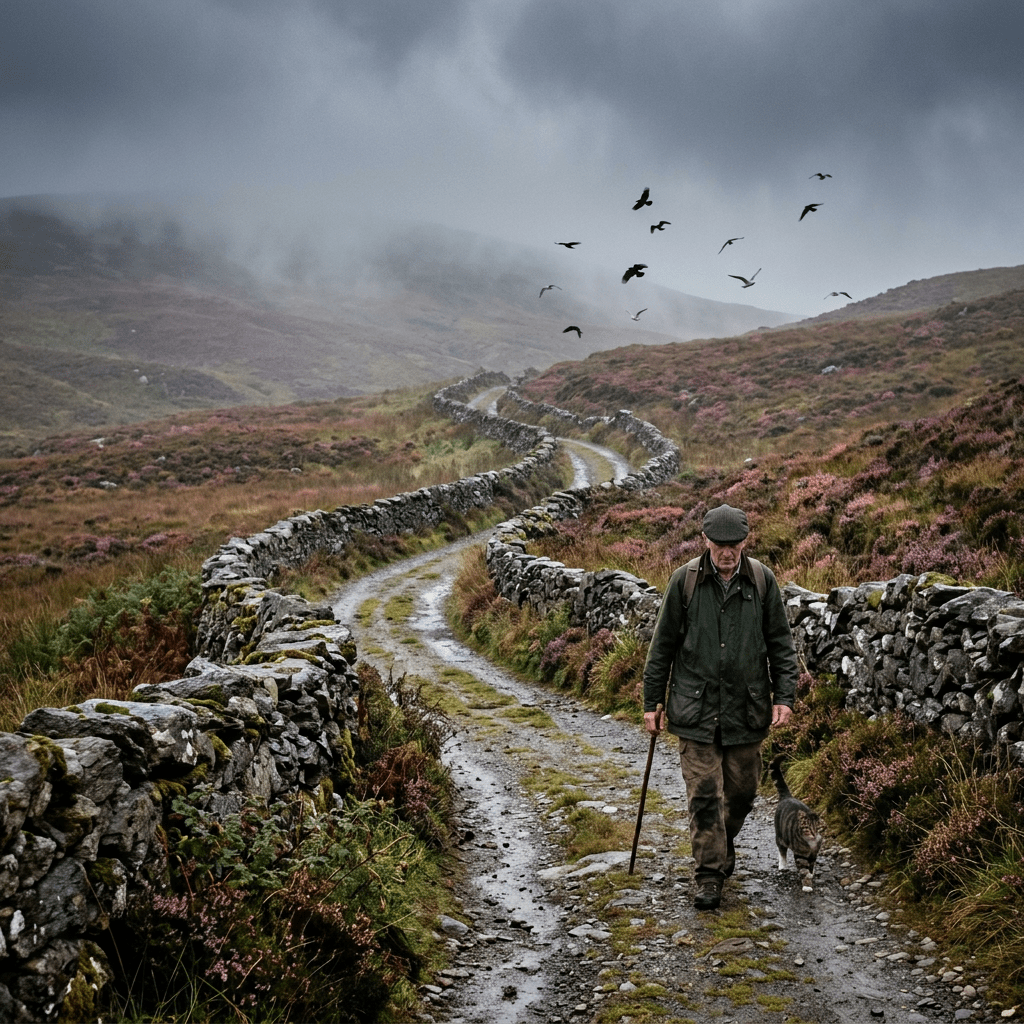 Elderly man walking with a cat on a winding stone-bordered path in misty countryside