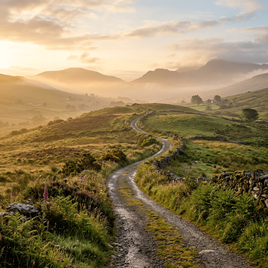 Winding dirt path through green hills with mist and mountains at sunrise