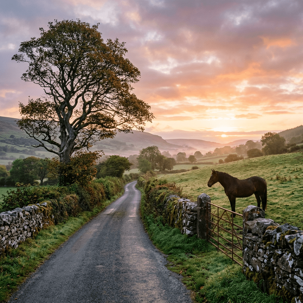 A horse standing by a stone wall next to a country road at sunset.