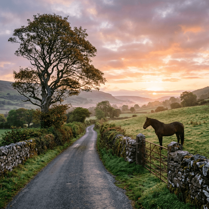 A horse standing by a stone wall next to a country road at sunset.