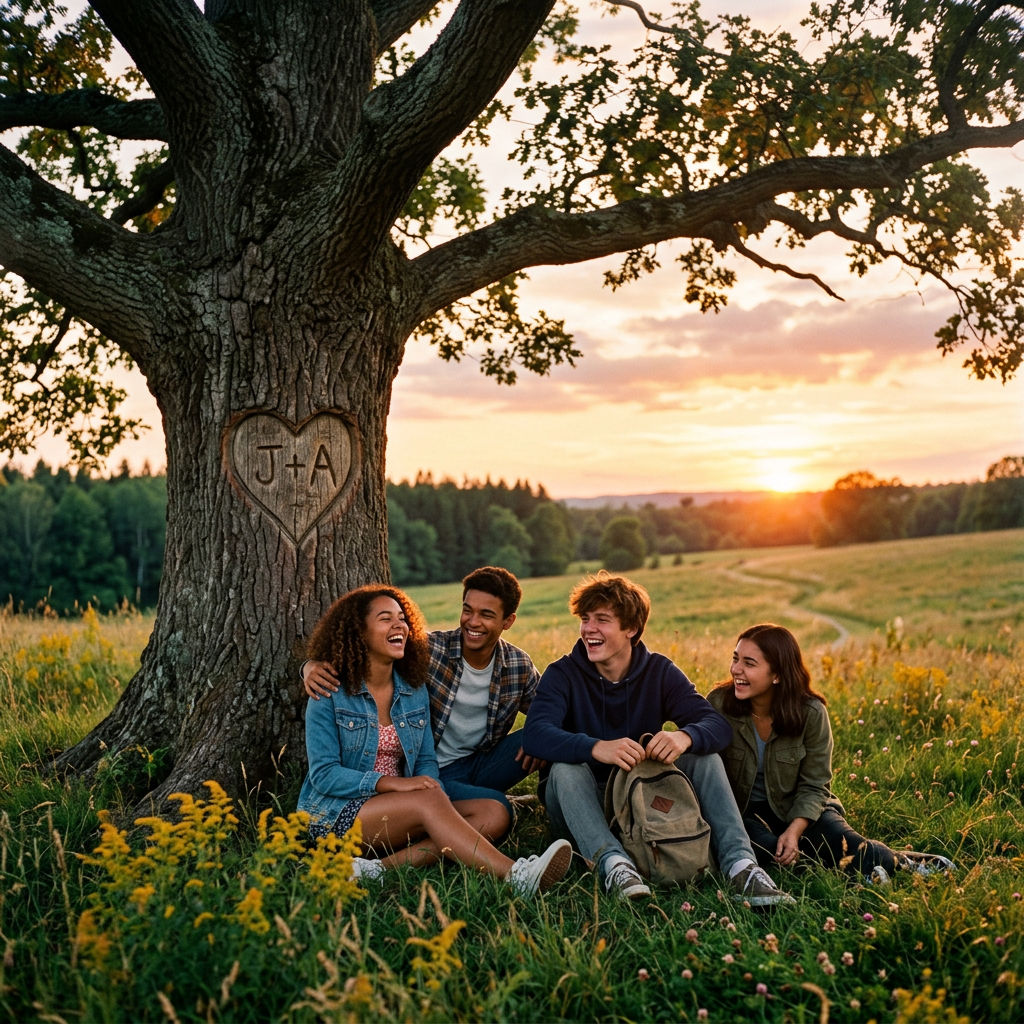 Four friends sitting and laughing under a tree with a heart carving showing J + A