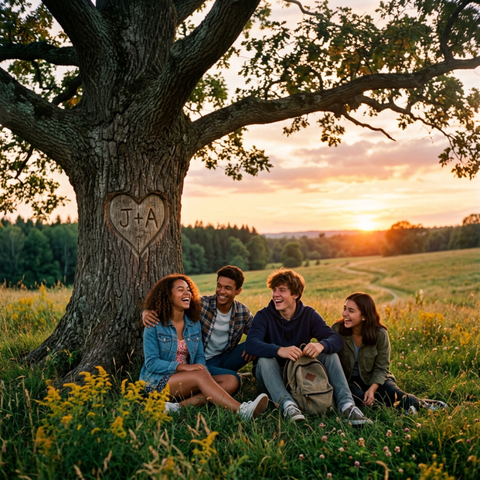 Four friends sitting and laughing under a tree with a heart carving showing J + A
