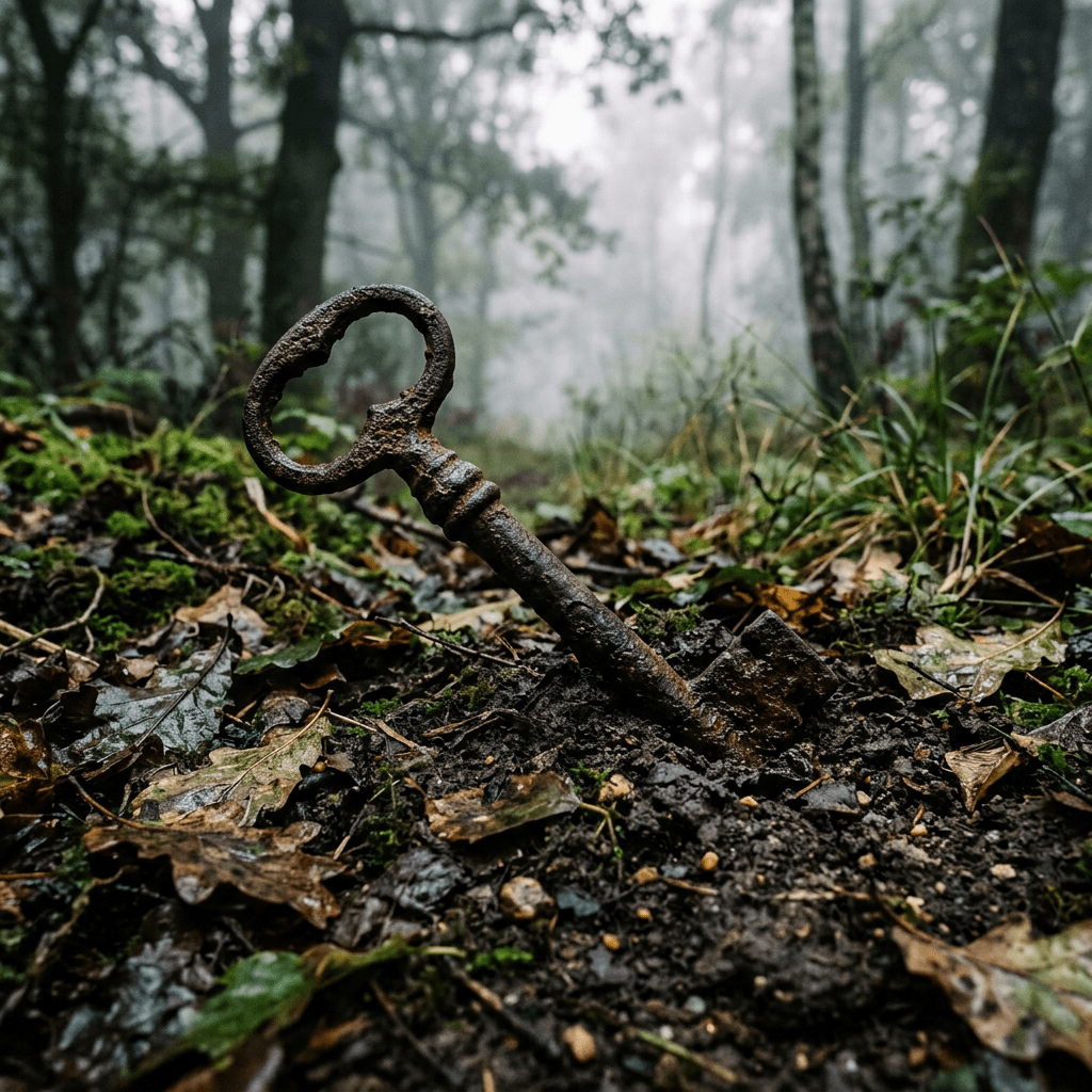 Rusty old key stuck vertically in damp forest soil with fallen leaves