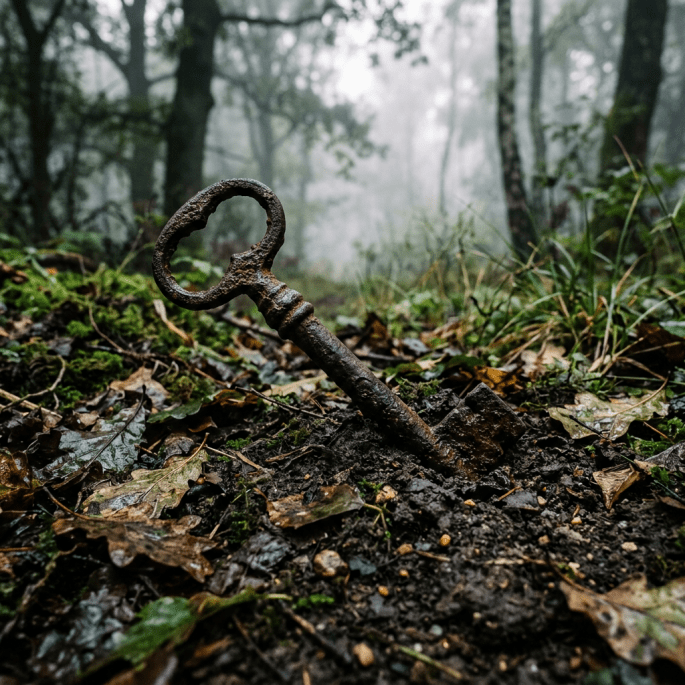 Rusty old key stuck vertically in damp forest soil with fallen leaves