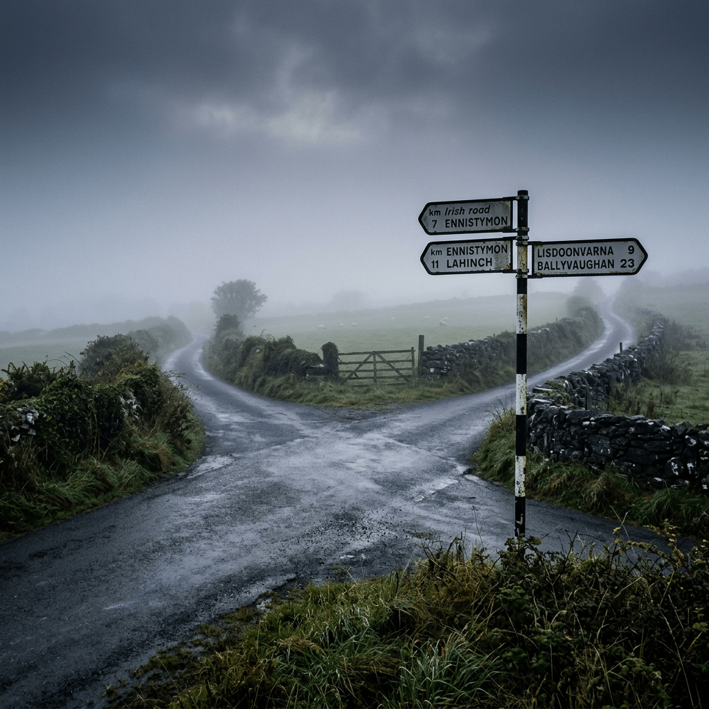 Road junction with signposts showing distances to Ennistymon, Lahinch, Lisdoonvarna, and Ballyvaughan on a foggy countryside road