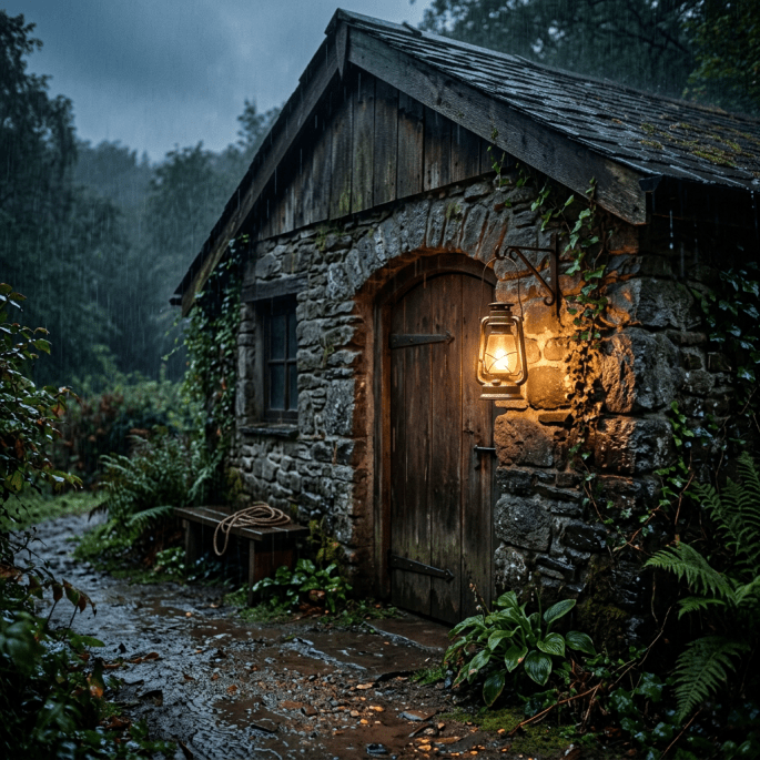 Stone Shed with wooden door and lit lantern during rainfall in forest