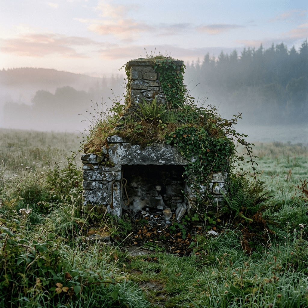 Overgrown stone fireplace ruins surrounded by grass and plants in a foggy meadow