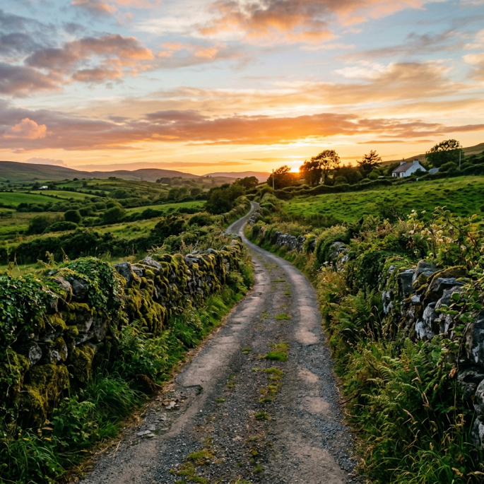 Winding rural lane between moss-covered stone walls at sunset
