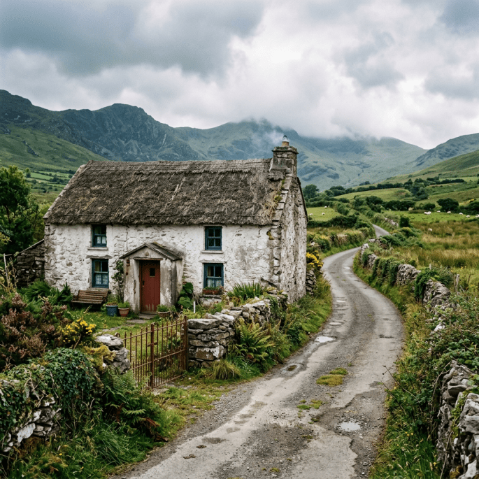 Weathered Irish cottage beside winding boreen