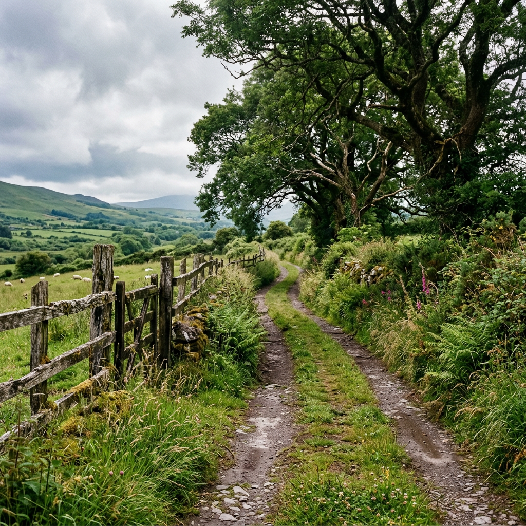 Muddy country path beside a wooden fence beneath a large tree