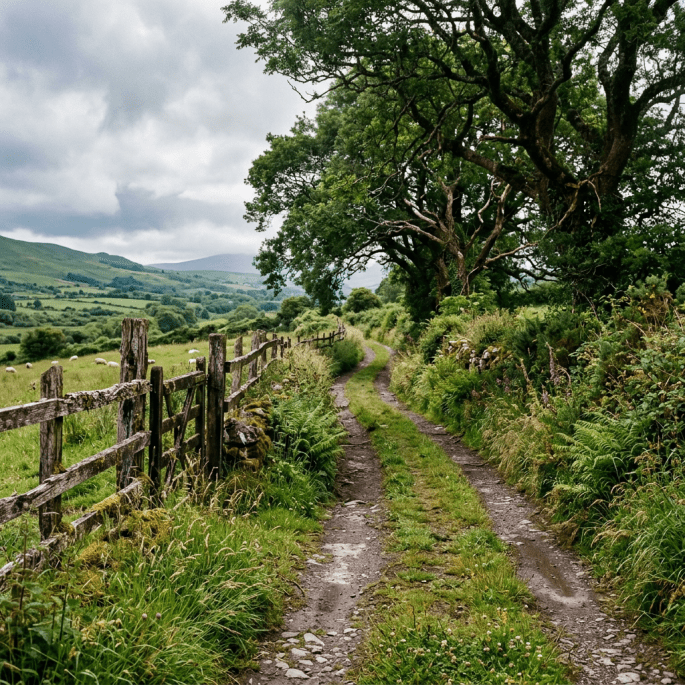 Muddy country path beside a wooden fence beneath a large tree