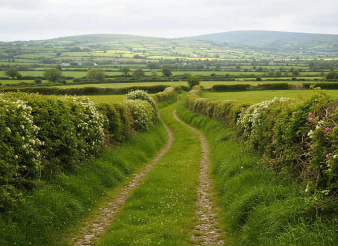 An old Irish boreen, narrow winding country road pathway, lush high grass on the verges, medium-high traditional hedgerows on both sides, opening onto rolling green fields and countryside beyond, soft natural light, atmospheric and timeless, rural Ireland landscape photography style