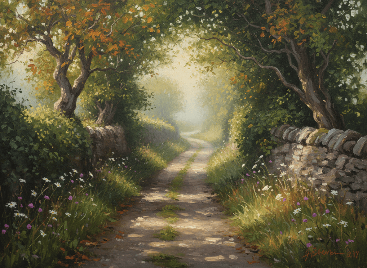 An Irish country laneway (boreen) at the very first turn of autumn, where summer is just departing. Narrow winding lane disappearing into the distance, flanked by ancient hedgerows and stone walls. The leaves are mostly still green but with the first hints of gold, amber and russet creeping in at the edges. Soft, golden late-summer light filtering through the canopy, casting dappled shadows on the lane. A gentle mist in the distance. Wildflowers fading at the verges. The mood is quiet, nostalgic, bittersweet — the last warmth of summer lingering. Painterly, atmospheric, deeply Irish.