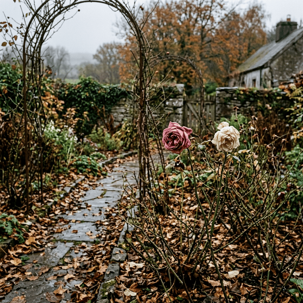 Pink and cream roses beside a leaf-covered path in a cottage garden