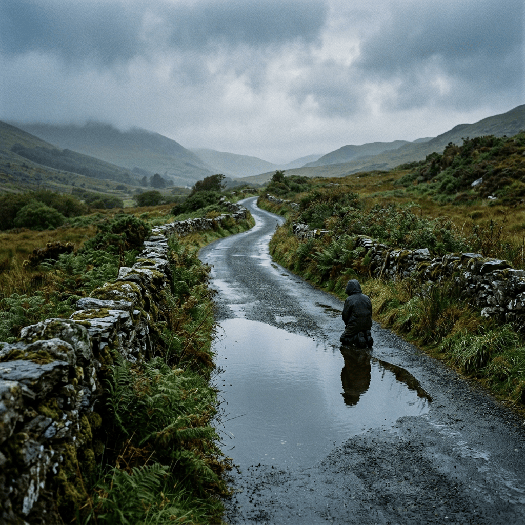 Lone traveler on a rainy road between moss-covered stone walls